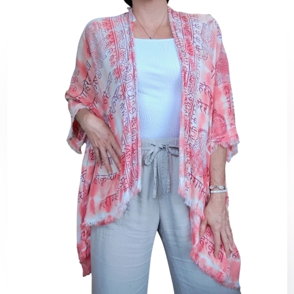 World Market Ganesha Tie Dye Kimono Shawl Pink White Mantra Hippie One Size - Picture 3 of 12